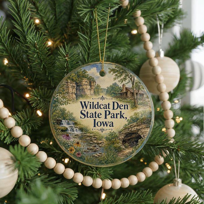 A round ornament hanging on a Christmas tree, featuring a scenic landscape with a waterfall and a cabin in the background.