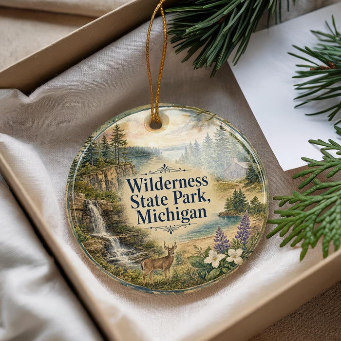 A round ornament with a scenic landscape of Wilderness State Park, Michigan, featuring a waterfall, pine trees, and a deer.
