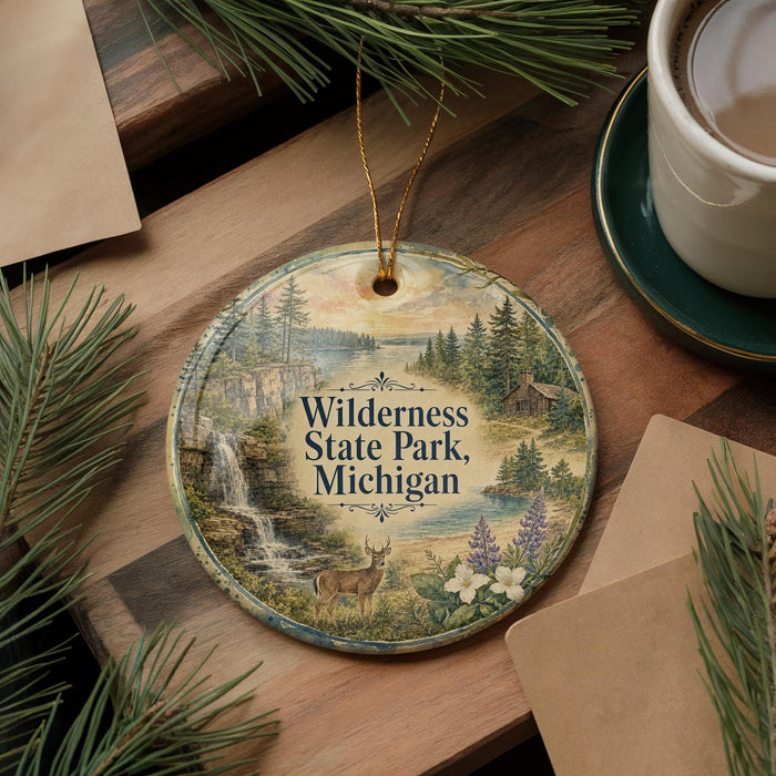 A decorative ornament featuring a scenic landscape with a waterfall, pine trees, and a deer, placed on a wooden surface alongside a cup of coffee and some papers.