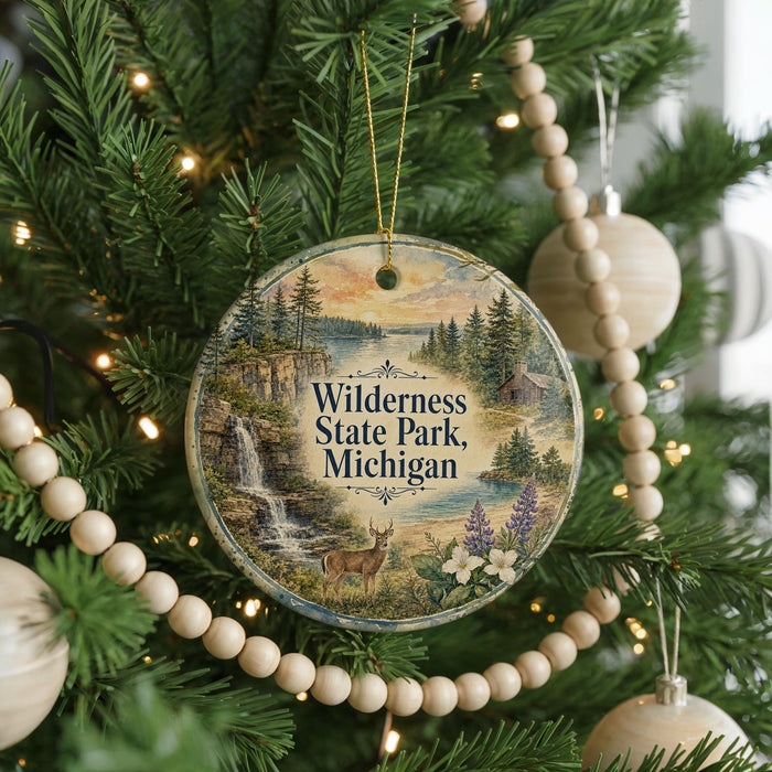 A round ornament hanging on a Christmas tree, featuring a scenic image of Wilderness State Park, Michigan.