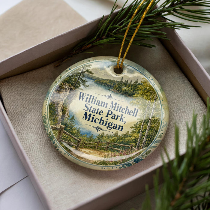 A decorative ornament in a box, featuring a scenic landscape of William Mitchell State Park, Michigan.