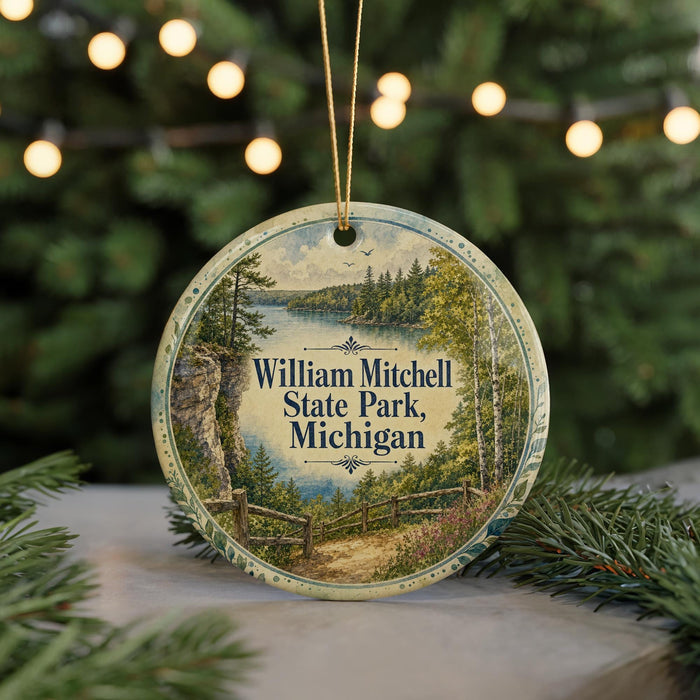 A round ornament with a scenic image of William Mitchell State Park, Michigan, hanging from a string.