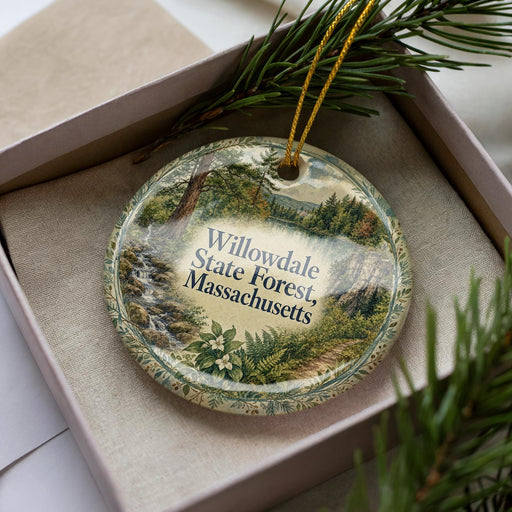 A decorative ornament in a box, featuring a scenic landscape of Willowdale State Forest in Massachusetts.