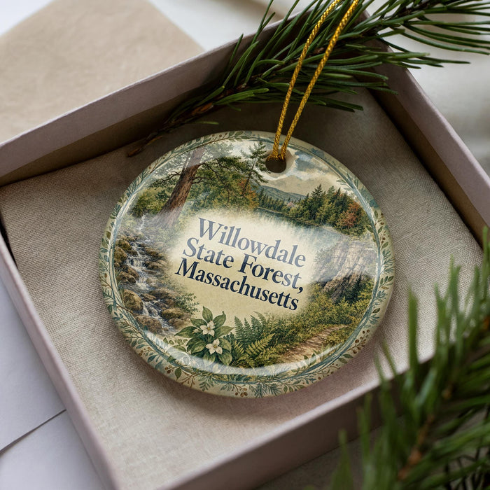 A decorative ornament in a box, featuring a scenic landscape of Willowdale State Forest in Massachusetts.