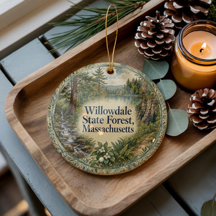 A decorative ornament featuring a scenic forest landscape with a stream, pine trees, and a mountain backdrop, placed on a wooden tray alongside pine cones and a lit candle.