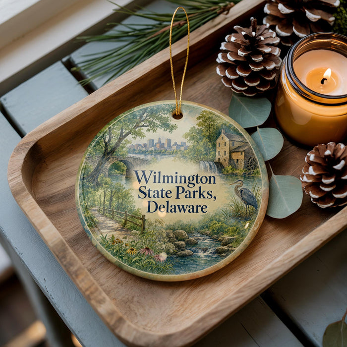 A decorative ornament with a scenic image of Wilmington State Parks, Delaware, featuring a river, trees, and a bird, is displayed on a wooden tray alongside a lit candle and pine cones.