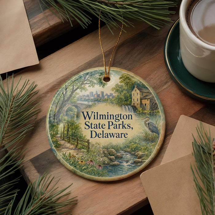 A decorative ornament featuring a scenic view of Wilmington State Parks, Delaware, with a bird in the foreground and a cityscape in the background.