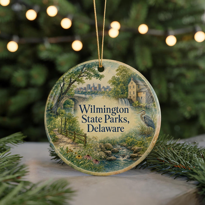 A round ornament with a painting of a scenic view of Wilmington State Parks, Delaware, featuring a bridge, trees, and a bird.