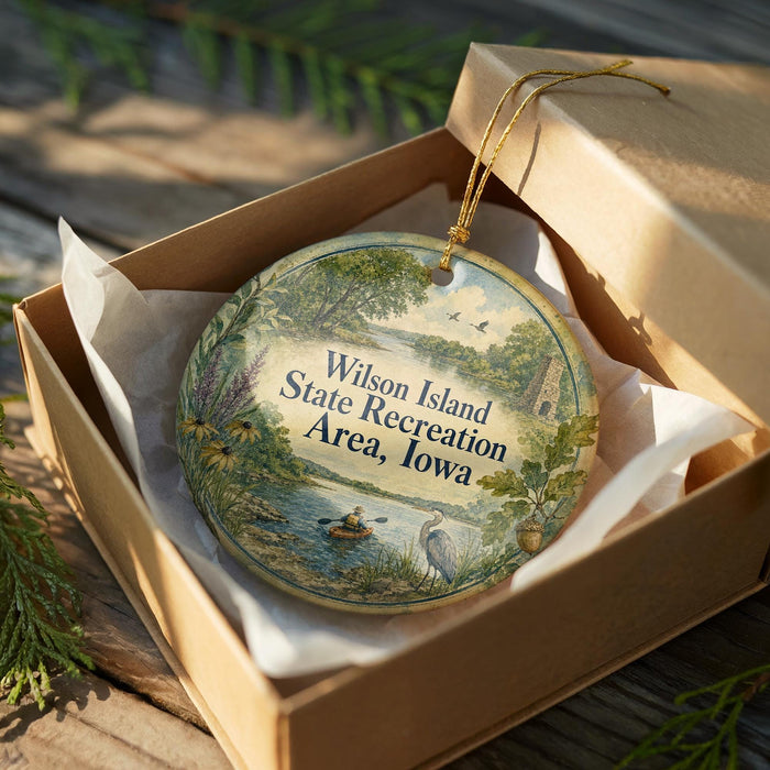 A decorative ornament in a wooden box, featuring a scenic landscape with a lake, trees, and a bird, along with the text "Wilson Island State Recreation Area, Iowa".