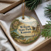 A decorative ornament with a scenic landscape of Wilson State Park, Kansas, featuring a deer, a river, and a cabin in the background.