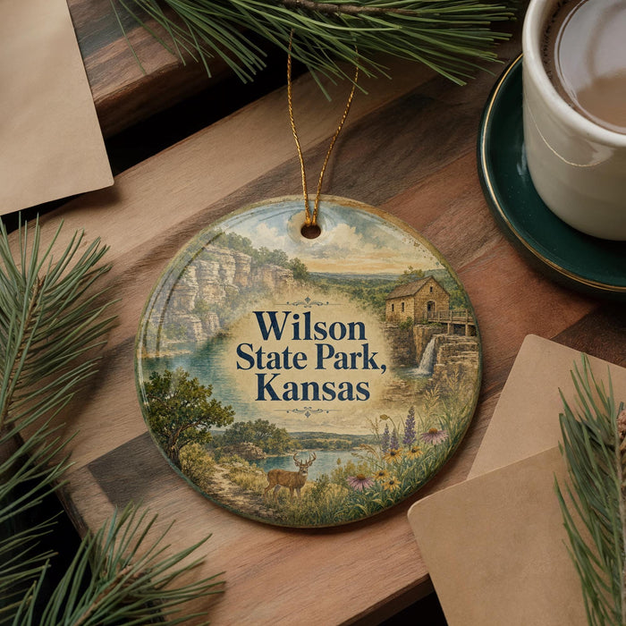 A decorative ornament featuring a scenic landscape of Wilson State Park, Kansas, with a deer in the foreground and pine branches surrounding it.