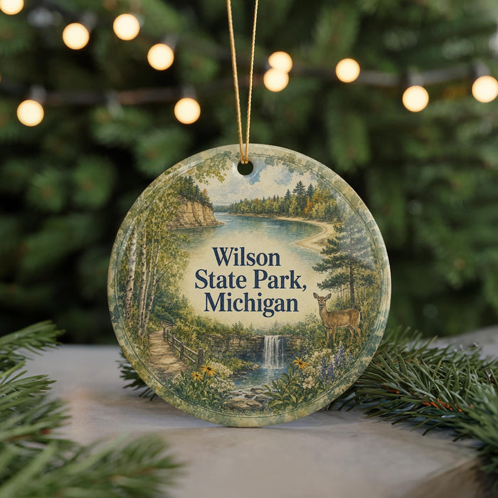 A round ornament with a scenic landscape of Wilson State Park, Michigan, featuring a deer, a waterfall, and a forest.