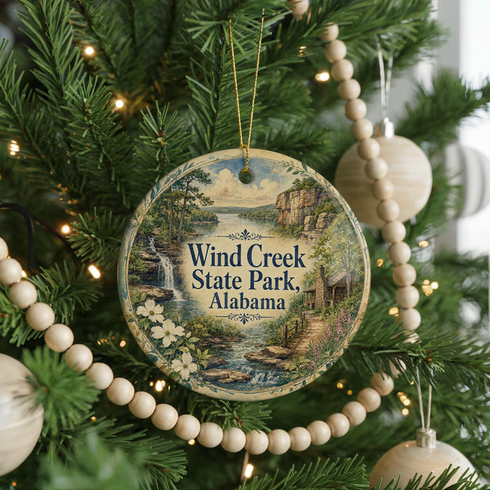 A round ornament hanging on a Christmas tree, featuring a scenic landscape with a waterfall and a cabin in the background.