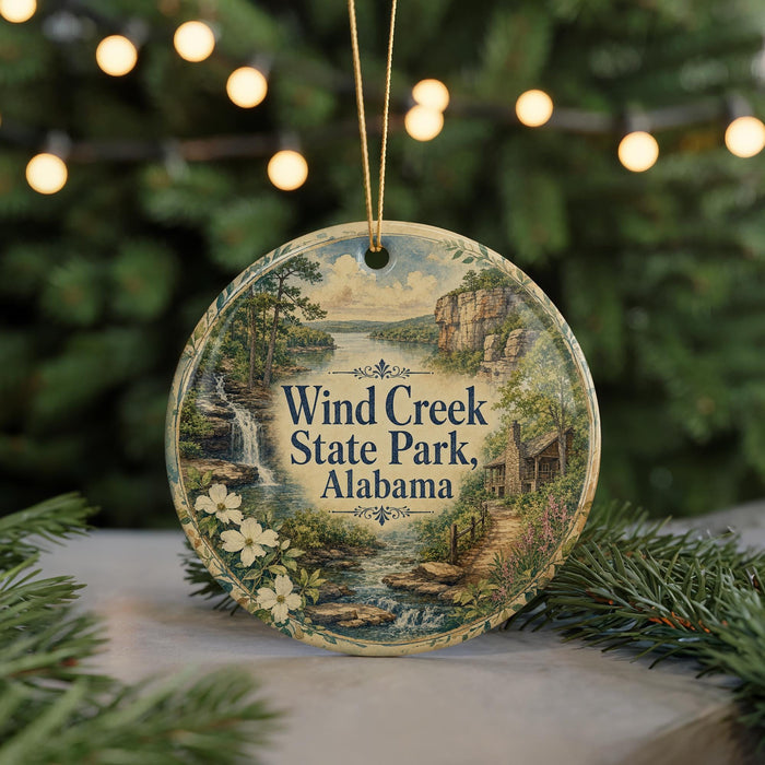 A round ornament with a scenic landscape of Wind Creek State Park, Alabama, featuring a waterfall, forest, and a cabin.