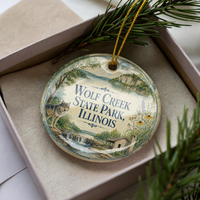 A decorative ornament in a box, featuring an illustration of a wolf and the text "Wolf Creek State Park, Illinois".
