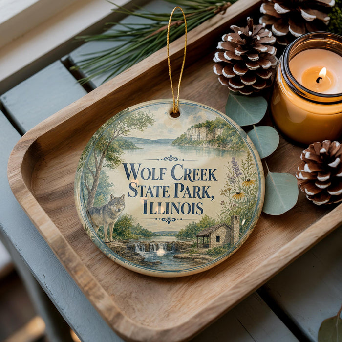 A decorative ornament featuring a wolf and the text "Wolf Creek State Park, Illinois" is displayed on a wooden tray, accompanied by pine cones and a lit candle.