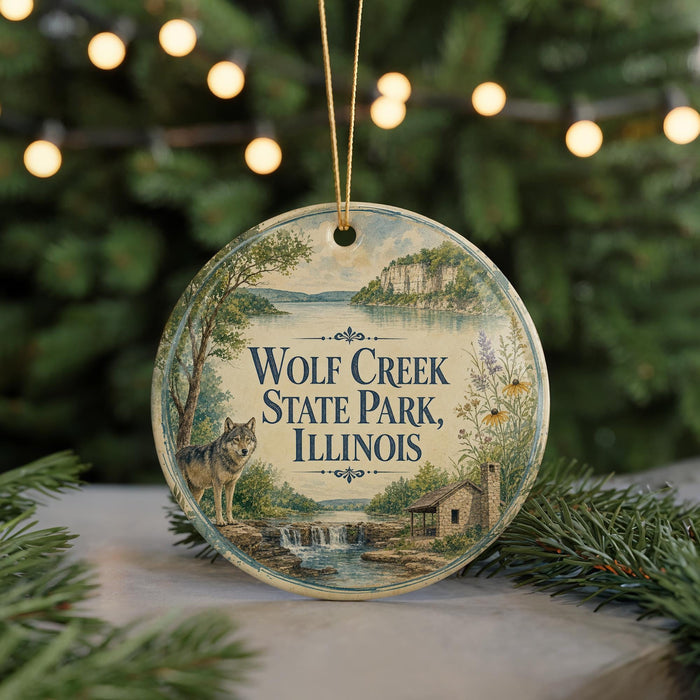 A round ornament with a painting of a wolf and a cabin, surrounded by greenery, hangs in front of a blurred background with twinkling lights.