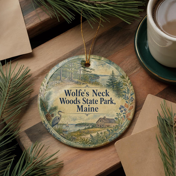 A decorative ornament with a scenic image of Wolf's Neck Woods State Park, Maine, is displayed on a wooden surface alongside a cup of coffee and some pine branches.