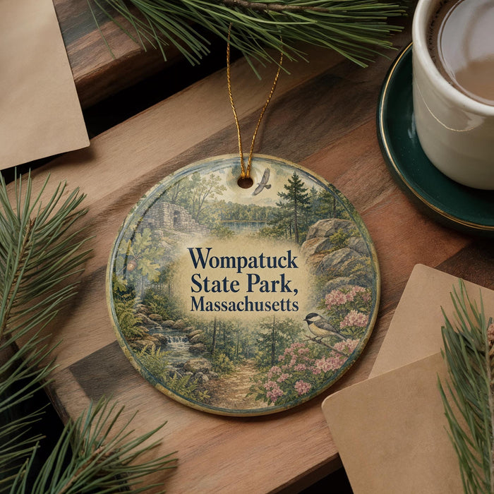 A circular ornament with a scenic landscape of Wompatuck State Park, Massachusetts, featuring a bird, pine trees, and a winding path.