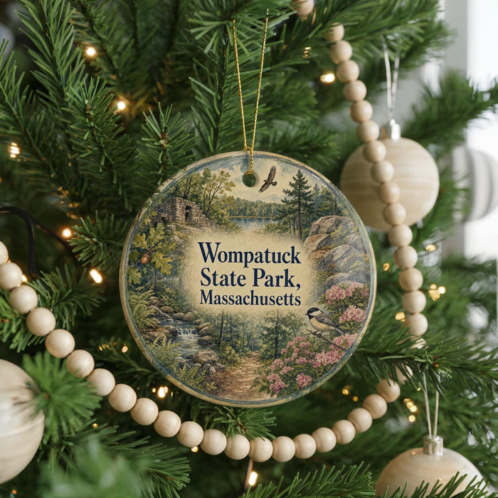 A round ornament hanging on a Christmas tree, featuring a scenic image of Wompatuck State Park in Massachusetts.
