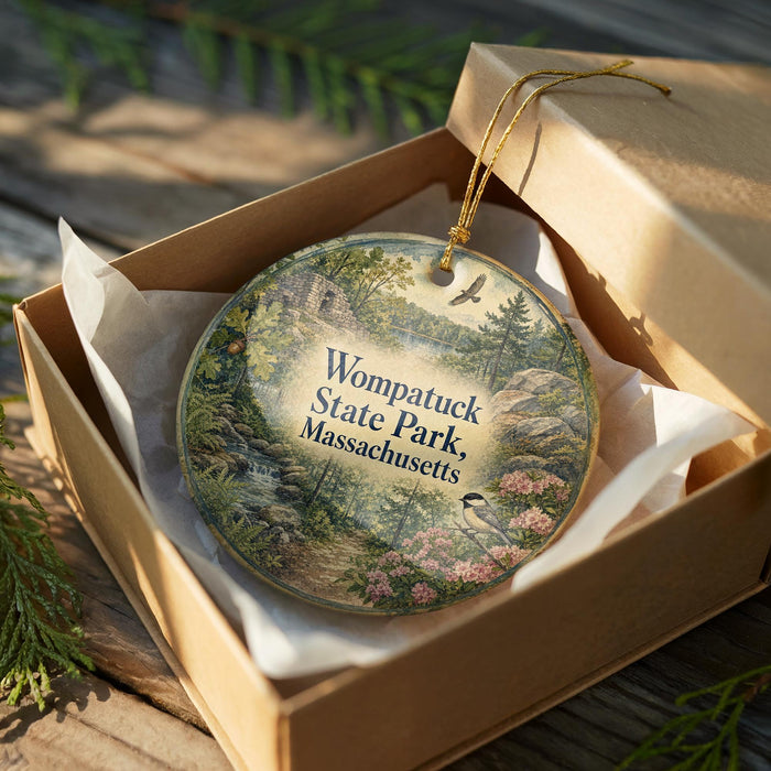 A round ornament in a box, featuring a scenic landscape with a bird and flowers, with the text "Wompatuck State Park, Massachusetts" printed on it.