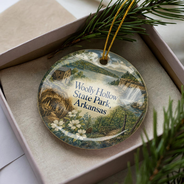 A decorative ornament in a box, featuring a scenic landscape with a waterfall and a house, with the text "Wooly Hollow State Park, Arkansas" printed on it.