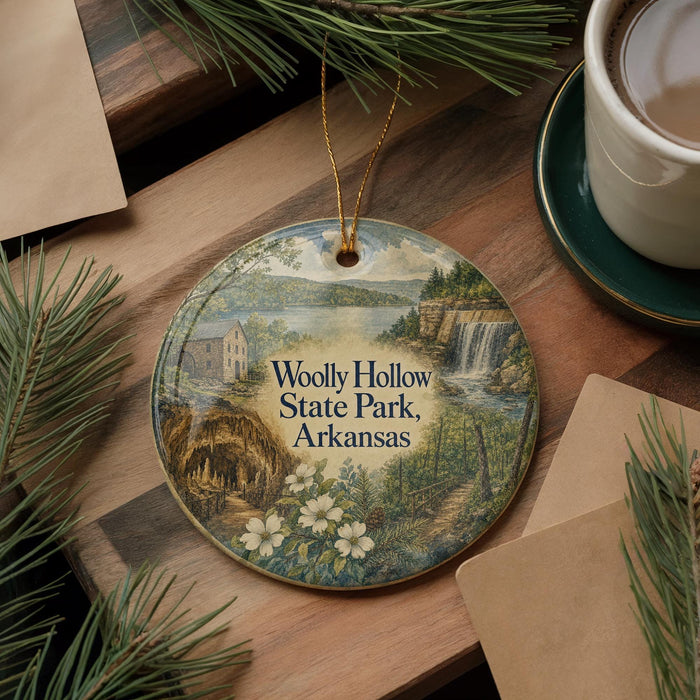 A decorative ornament featuring a scenic landscape of Wolly Hollow State Park, Arkansas, with a waterfall and pine trees.