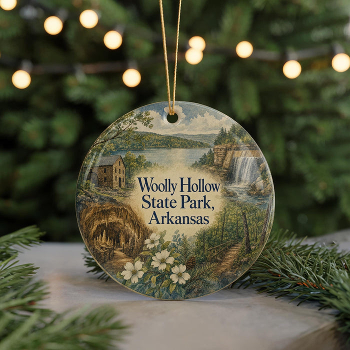 A decorative ornament featuring a scenic landscape of Wolly Hollow State Park in Arkansas, with a waterfall and a cabin in the background.