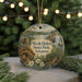 A decorative ornament featuring a scenic landscape of Wolly Hollow State Park in Arkansas, with a waterfall and a cabin in the background.