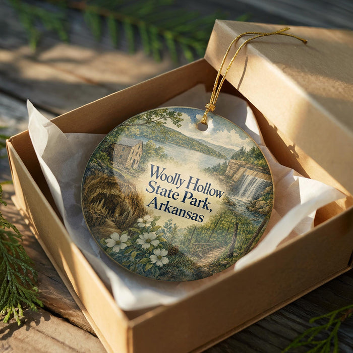 A circular ornament in a wooden box, featuring a scenic landscape with a waterfall and a small building, with the text "Wooly Hollow State Park, Arkansas" printed on it.
