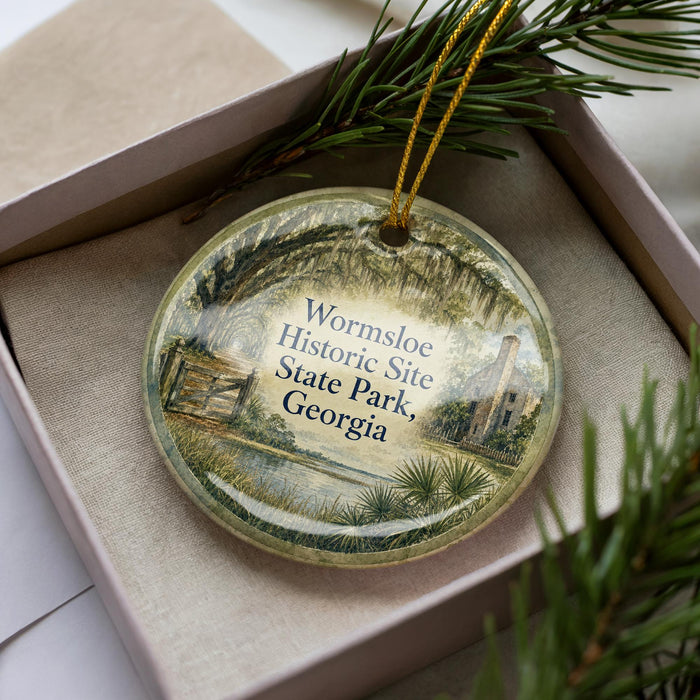 A decorative ornament in a box, featuring a scenic image of Wormsloe Historic Site in Georgia.