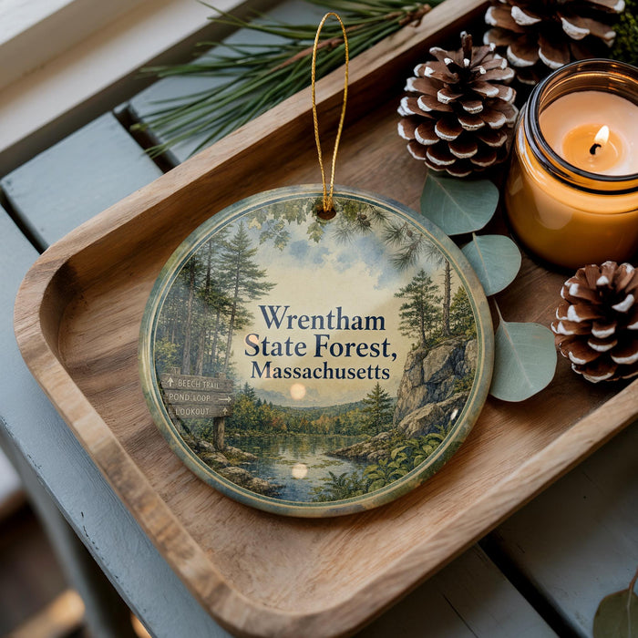 A decorative ornament featuring a scenic forest landscape with a river, pine trees, and a sign that reads "Wrentham State Forest, Massachusetts". The ornament is placed on a wooden tray, with pine cones and a lit candle nearby.
