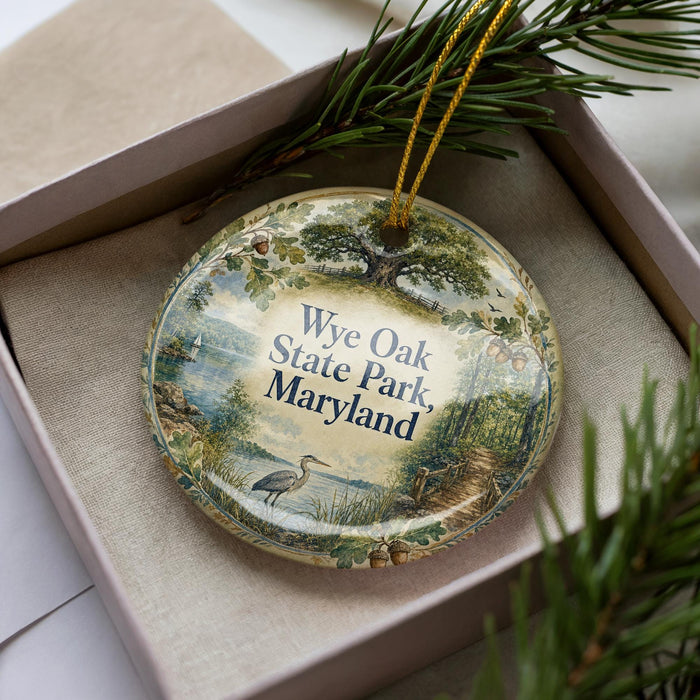 A decorative ornament in a box, featuring a scenic landscape with a tree, water, and wildlife.