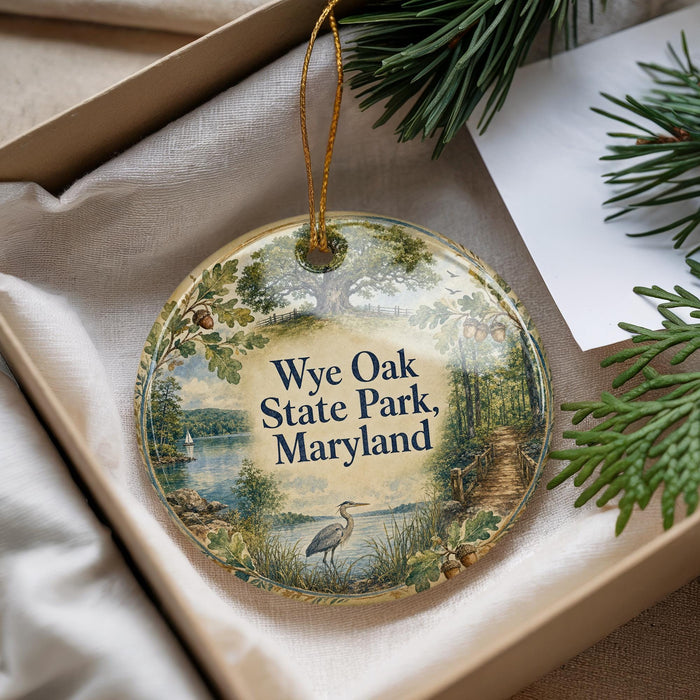 A decorative ornament with a scenic image of Wye Oak State Park, Maryland, hanging from a string.
