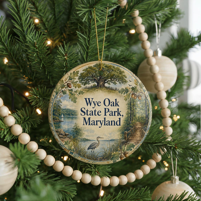 A round ornament hanging on a Christmas tree, featuring a scenic image of Wye Oak State Park, Maryland.
