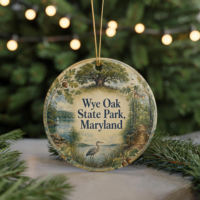 A round ornament with a tree and a bird, featuring the text "Wye Oak State Park, Maryland" on it, is displayed on a table with pine branches and twinkling lights in the background.