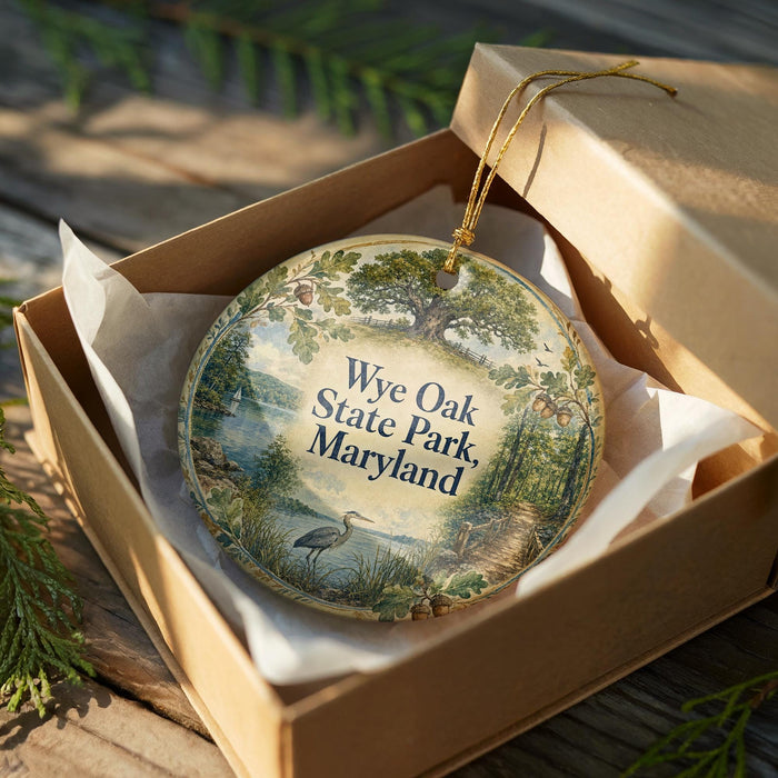 A decorative ornament in a brown box, featuring a scenic landscape with a tree, lake, and wildlife.
