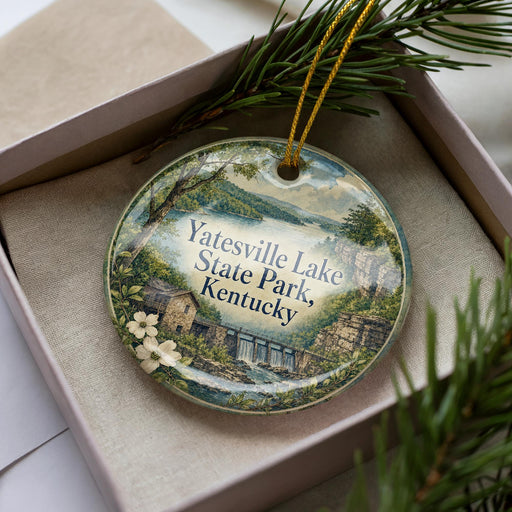 A decorative ornament in a box, featuring a scenic landscape with a lake, mountains, and a bridge.
