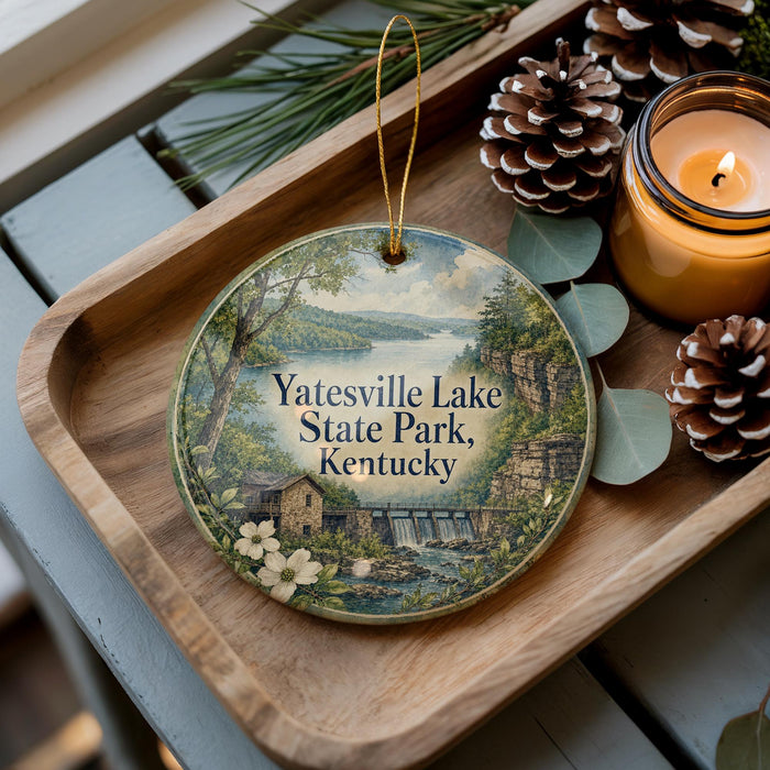 A decorative ornament featuring a scenic image of Yatesville Lake State Park, Kentucky, with pine cones and a lit candle on a wooden tray.