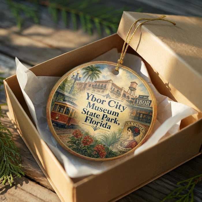 A decorative ornament in a box, featuring an illustration of a trolley car and palm trees, with the text "Ybor City Museum State Park, Florida" on it.