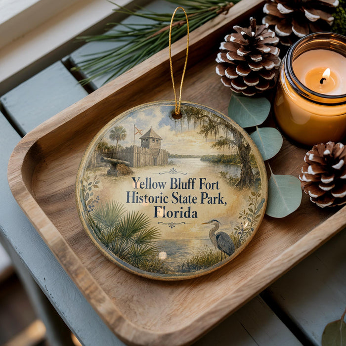 A decorative ornament featuring a scenic image of the historic state park in Florida, with a bird in the foreground and pine cones on a wooden tray.