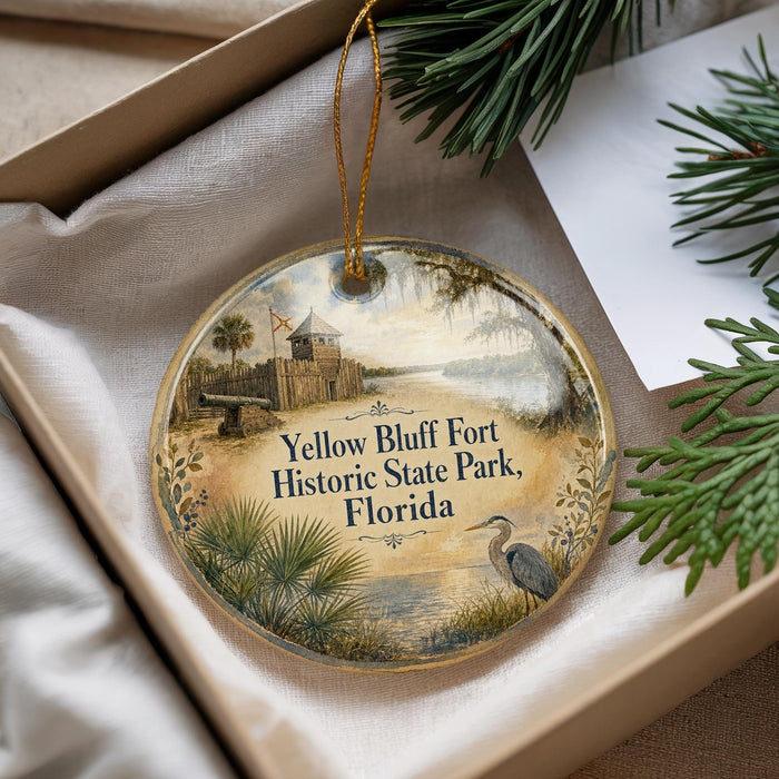 A decorative ornament with a painting of a historical state park, featuring palm trees and a bird, is displayed in a box with pine branches.