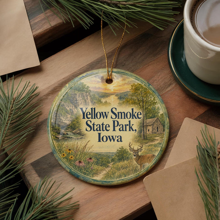 A decorative ornament with a scenic image of Yellow Smoke State Park, Iowa, featuring a deer, pine trees, and a sunset landscape.