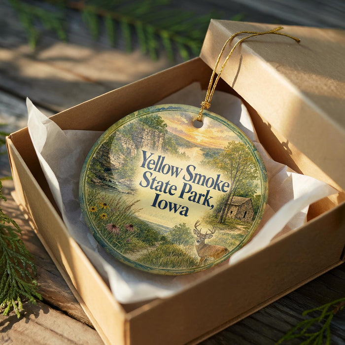 A decorative ornament in a wooden box, featuring a scenic landscape with a deer and a sunset.
