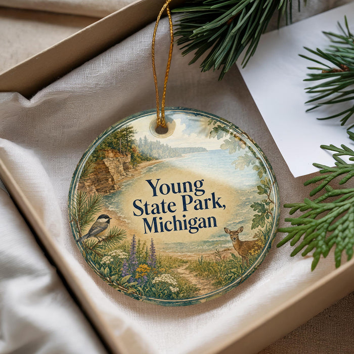 A decorative ornament with a scenic landscape of Young State Park, Michigan, featuring a bird, deer, and pine trees.