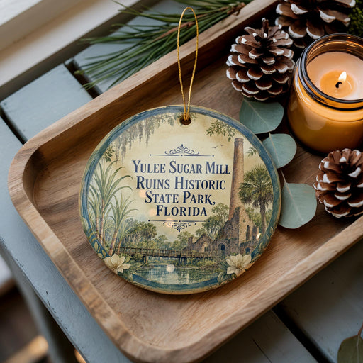 A decorative ornament with a vintage-style illustration of Yulee Sugar Mill ruins in Florida, surrounded by pine cones and a lit candle on a wooden tray.