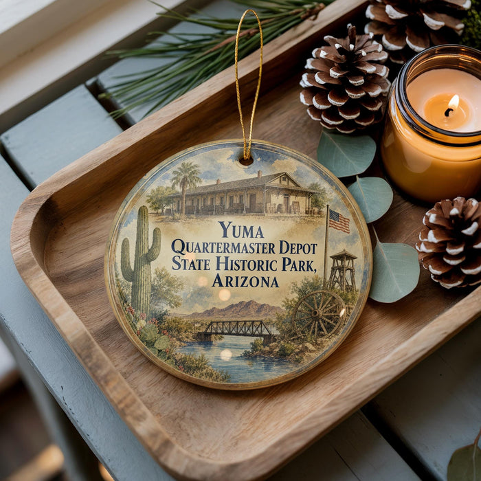 A decorative ornament featuring a cactus and a bridge, with the text "Yuma Quartermaster Depot State Historic Park, Arizona" displayed on it. The ornament is placed on a wooden tray, with pine cones and a lit candle nearby.