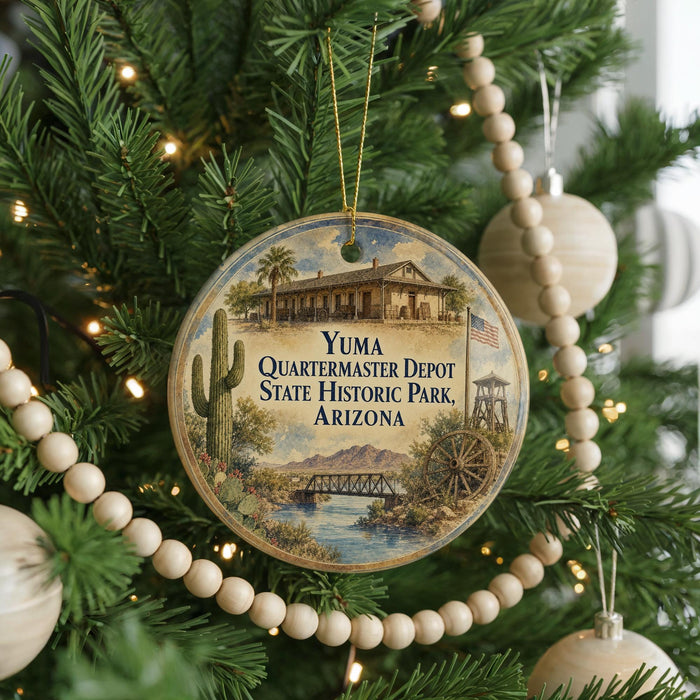 A round ornament hanging on a Christmas tree, featuring an illustration of a historic building and a desert landscape.