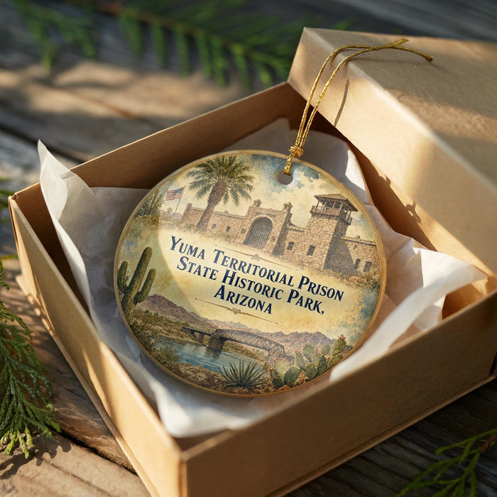 A decorative ornament in a wooden box, featuring an illustration of a historical prison and the text "Yuma Territorial Prison State Historic Park, Arizona".