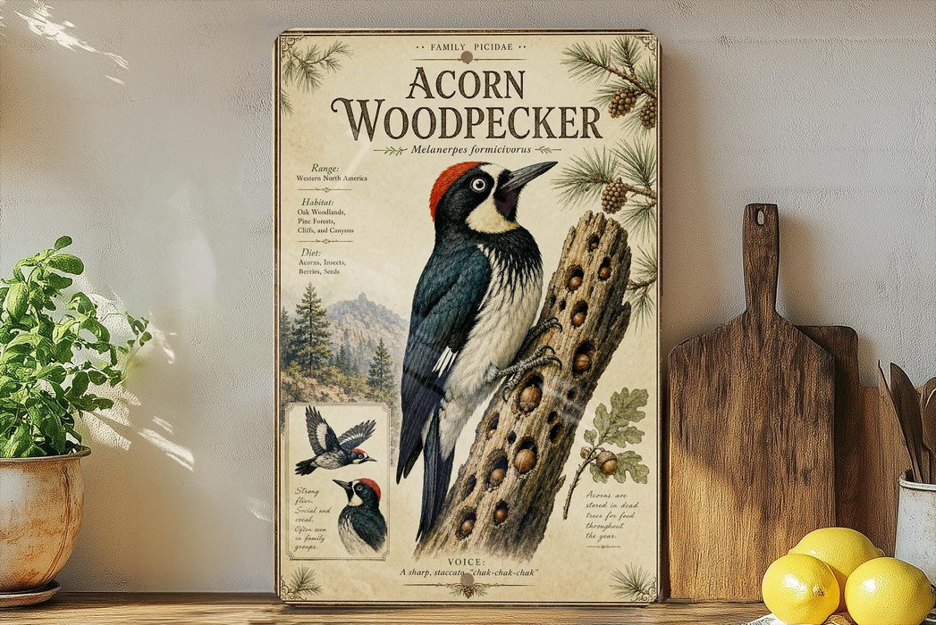 a wooden frame with a detailed illustration of an acorn woodpecker, accompanied by text providing information about the bird. The frame is placed on a wooden shelf, with a potted plant and a wooden cutting board nearby.